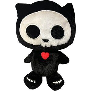 Skelanimals Plush Cat 13" Black White Skeleton Red Heart Fiesta Stuffed